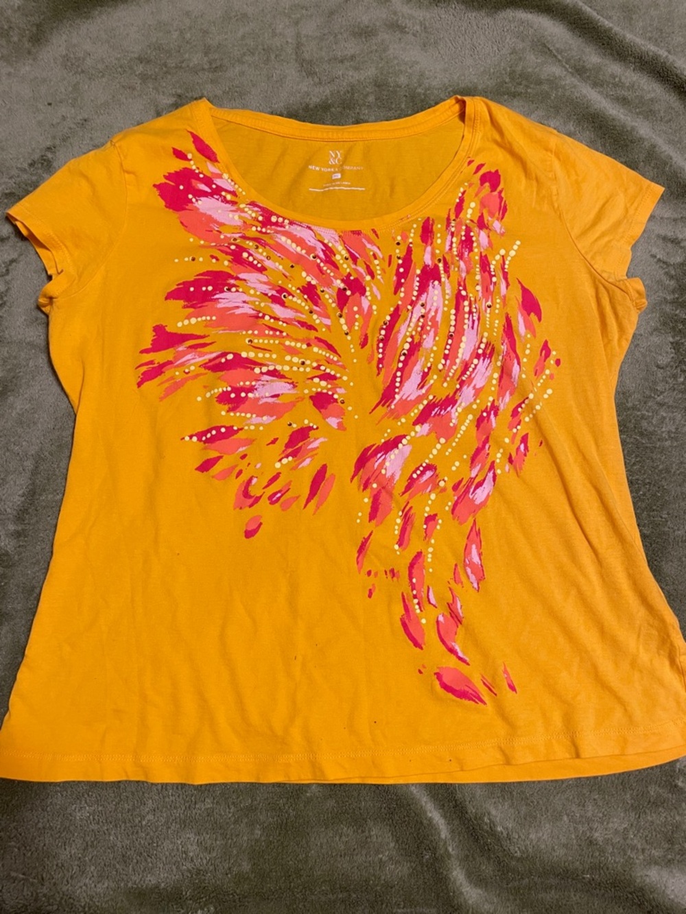 New York & Company Orange Scoop Neck Tee with Pink Feather Motif